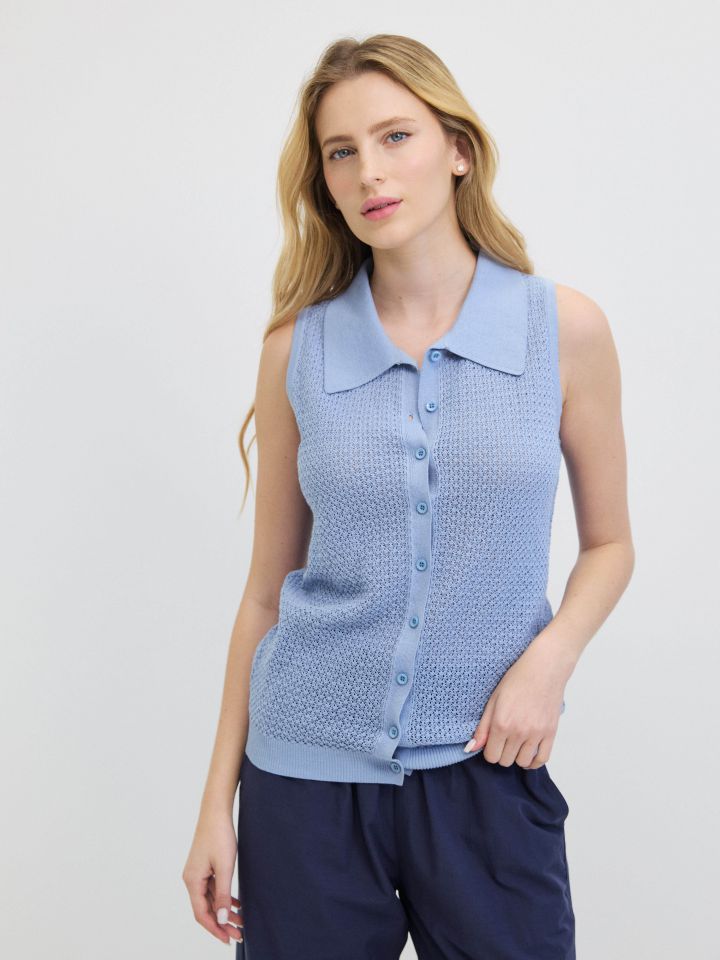 סריג צוארון רשת בצבע תכלת