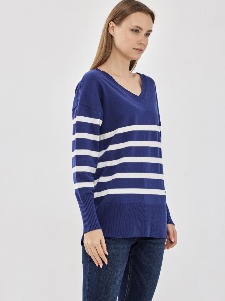 טוניקה V סריג פסים בצבע כחול ויקטוריה