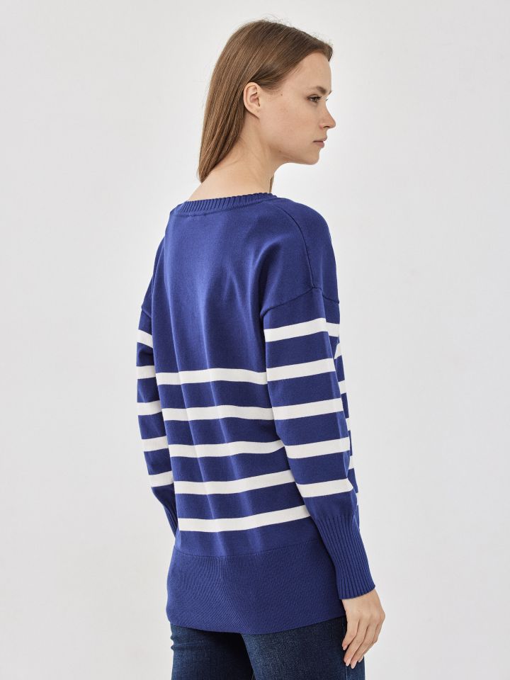 טוניקה V סריג פסים בצבע כחול ויקטוריה