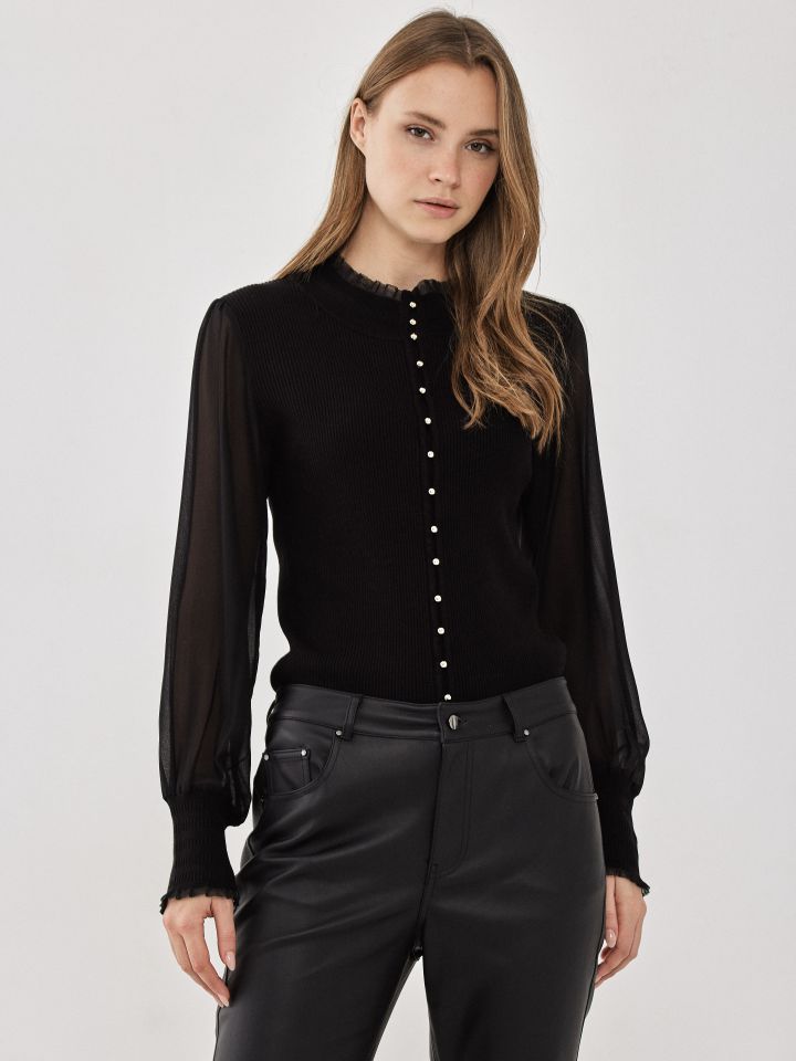 סריג שינה שרוול שיפון בצבע שחור