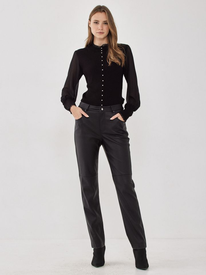 סריג שינה שרוול שיפון בצבע שחור