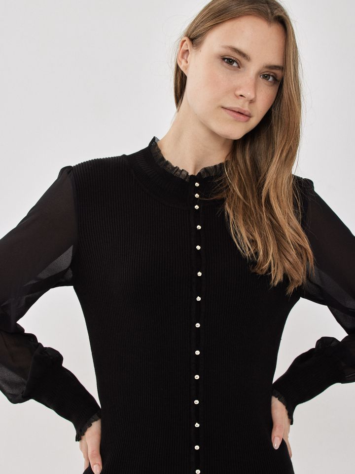 סריג שינה שרוול שיפון בצבע שחור