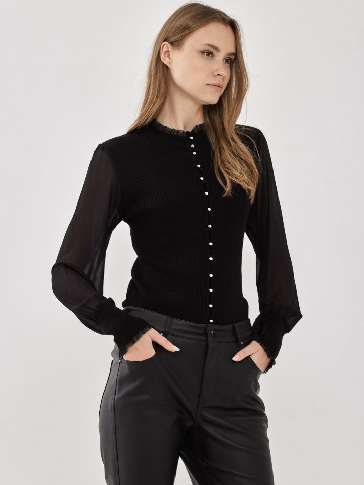 סריג שינה שרוול שיפון בצבע שחור