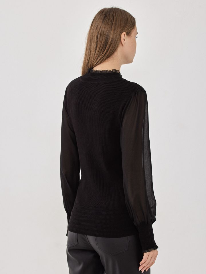 סריג שינה שרוול שיפון בצבע שחור