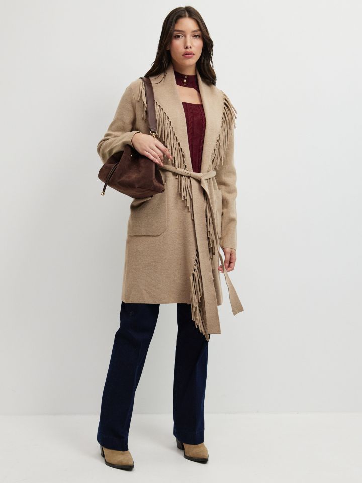 עליונית סריג פרנזים בצבע בייז מלנג’