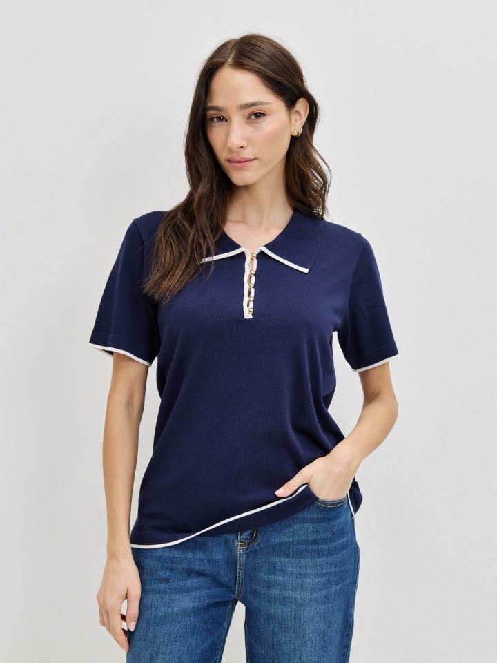 סריג צוארון כפתורים בצבע נייבי