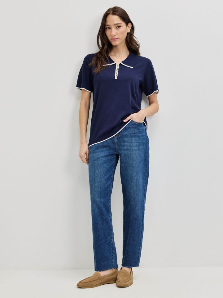 סריג צוארון כפתורים בצבע נייבי