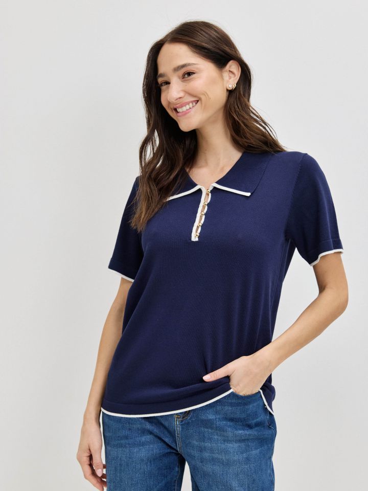 סריג צוארון כפתורים בצבע נייבי