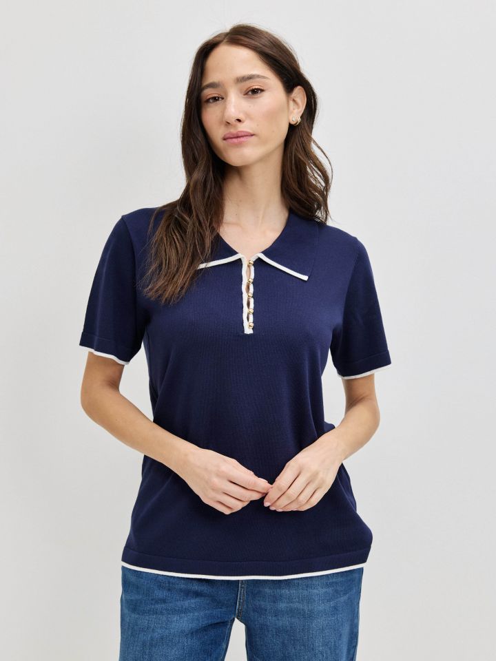 סריג צוארון כפתורים בצבע נייבי