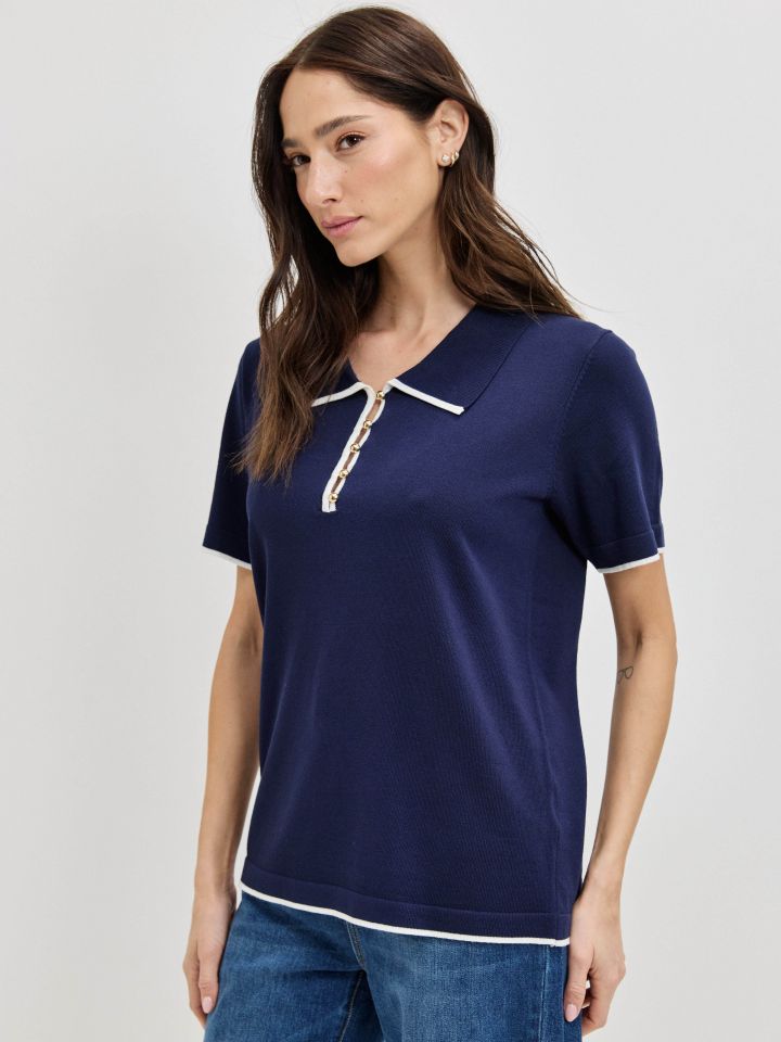 סריג צוארון כפתורים בצבע נייבי