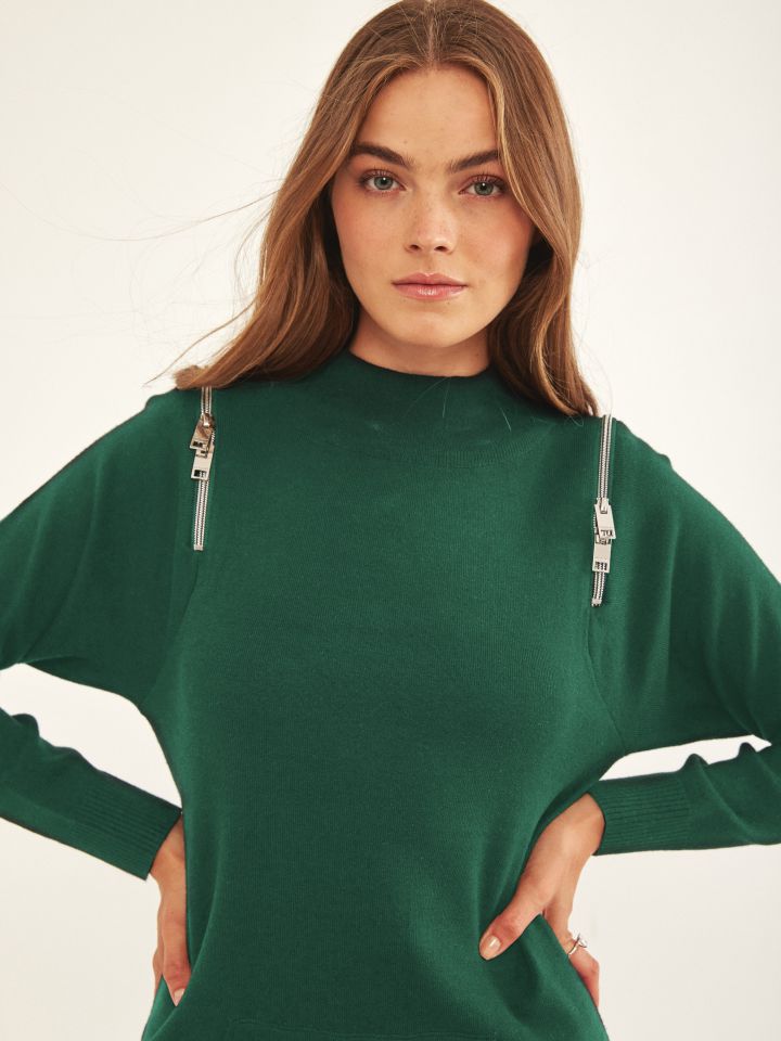 טוניקה סריג רוכסנים בצבע זית