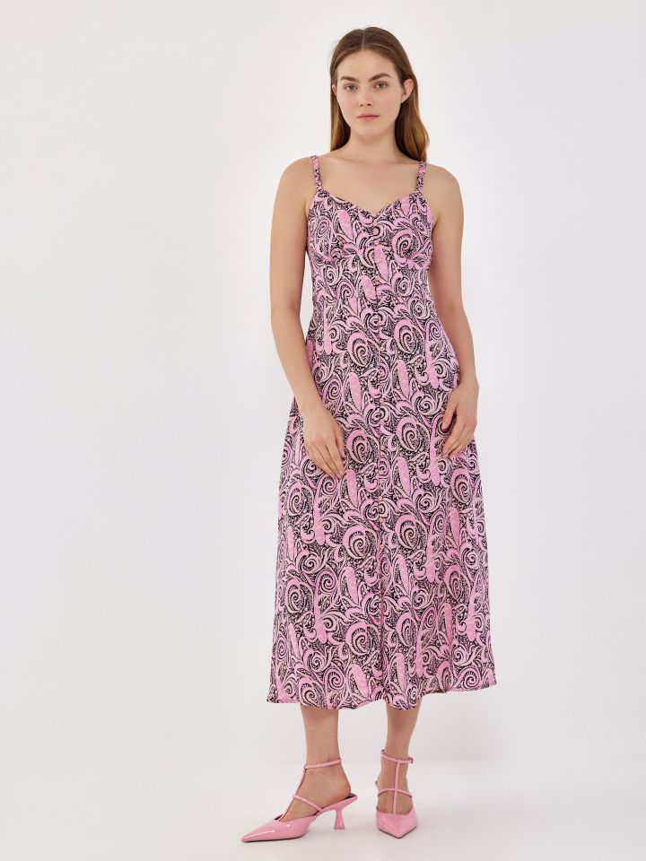 שמלה דפוס כפתורים בצבע ורוד עתיק