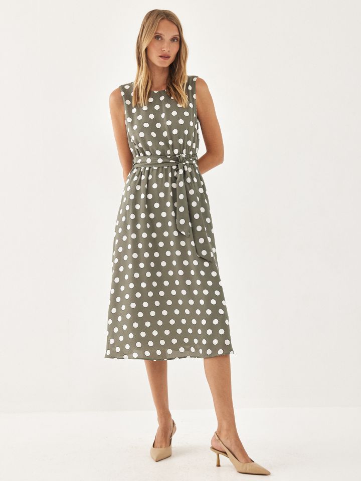 שמלה דפוס נקודות גומי במותן בצבע ירוק