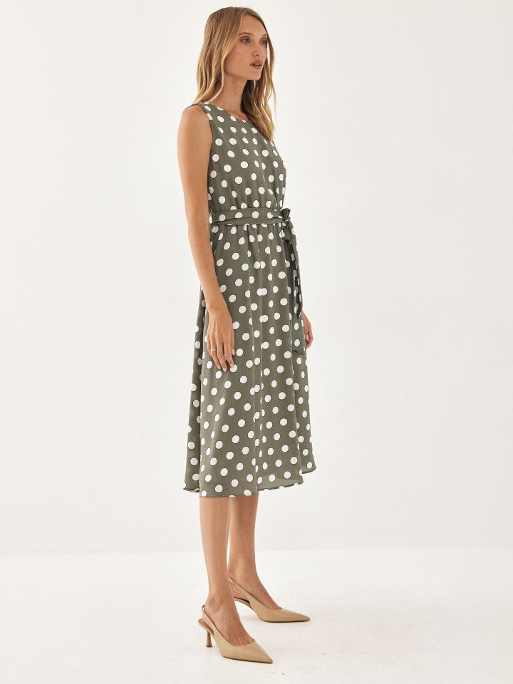 שמלה דפוס נקודות גומי במותן בצבע ירוק