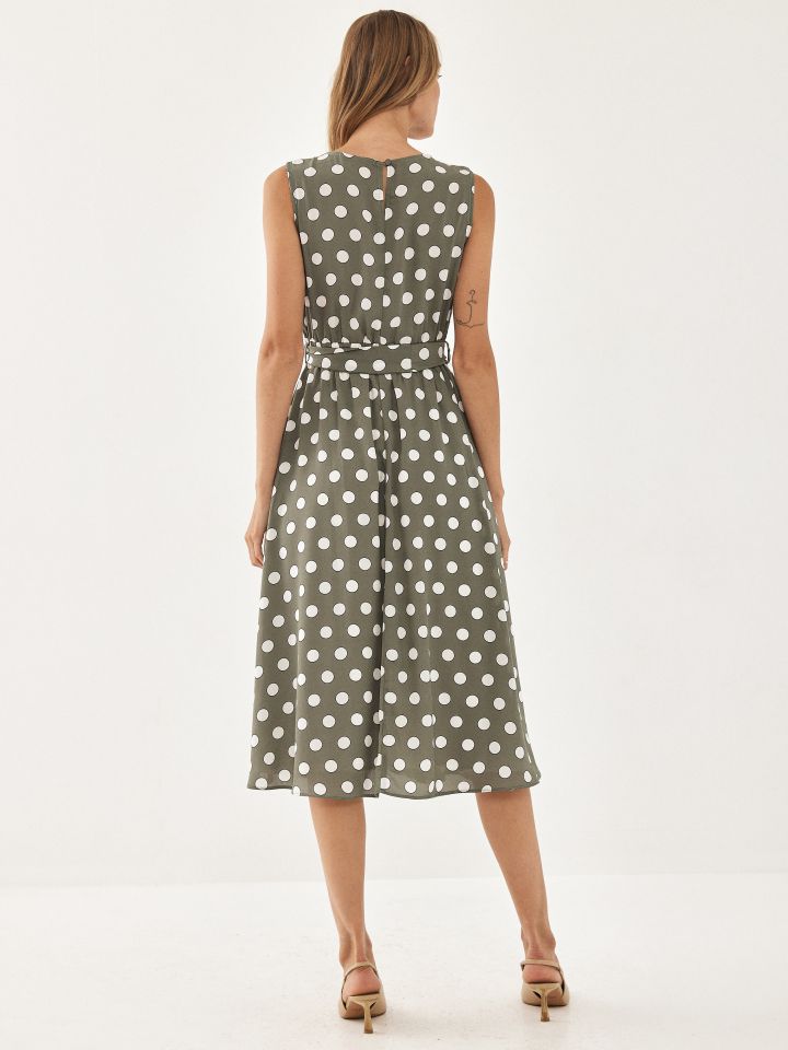 שמלה דפוס נקודות גומי במותן בצבע ירוק