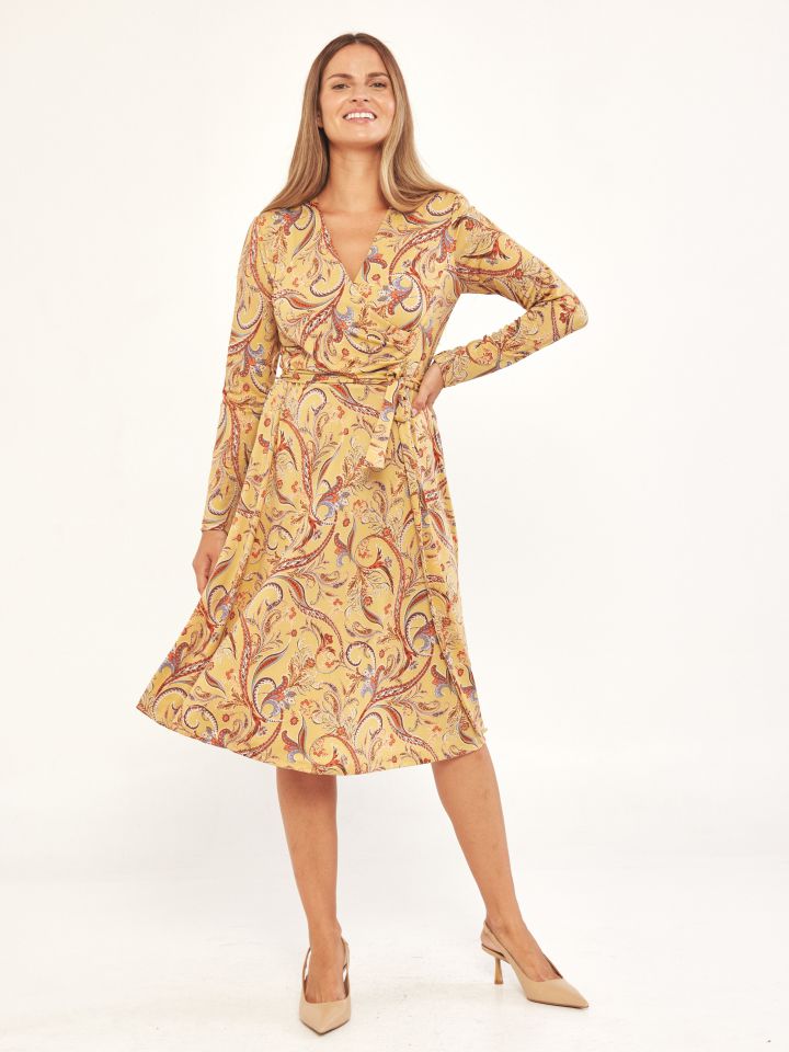 שמלה מעטפה דפוס PROMO בצבע חרדל