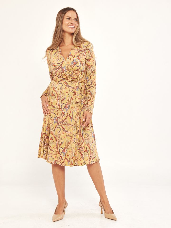 שמלה מעטפה דפוס PROMO בצבע חרדל