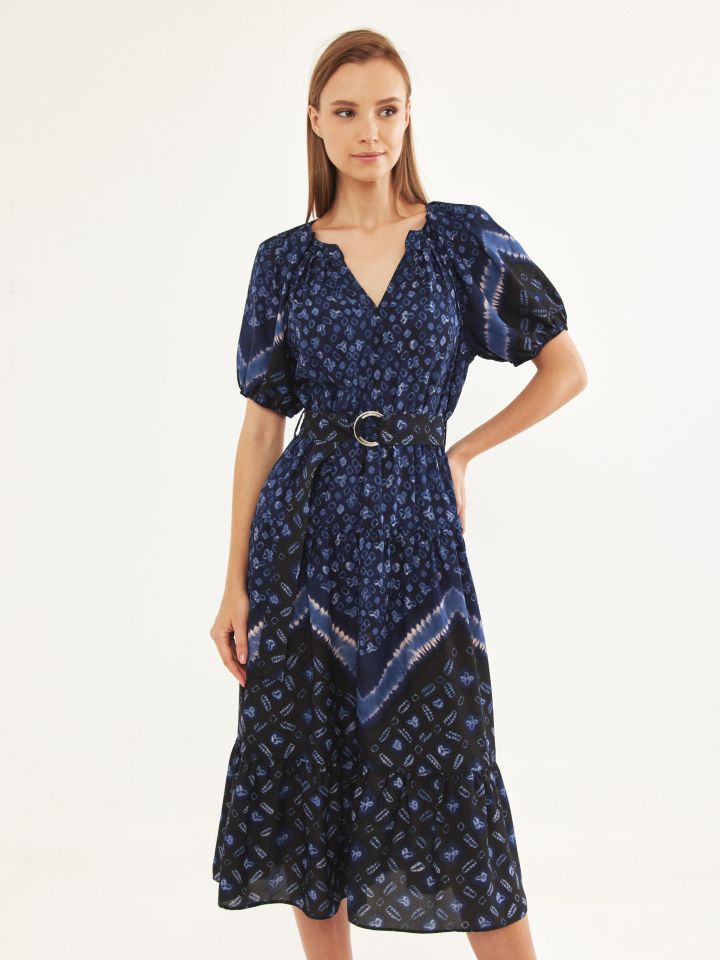 שמלה דפוס אינדיגו + חגורה בצבע כחול
