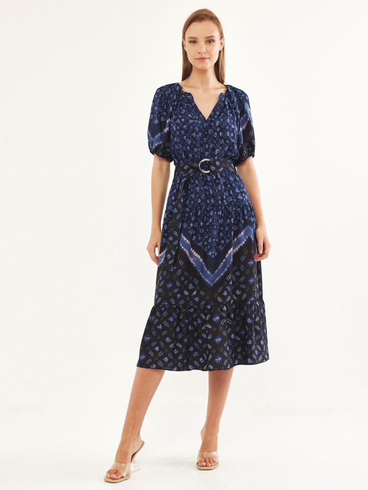 שמלה דפוס אינדיגו + חגורה בצבע כחול