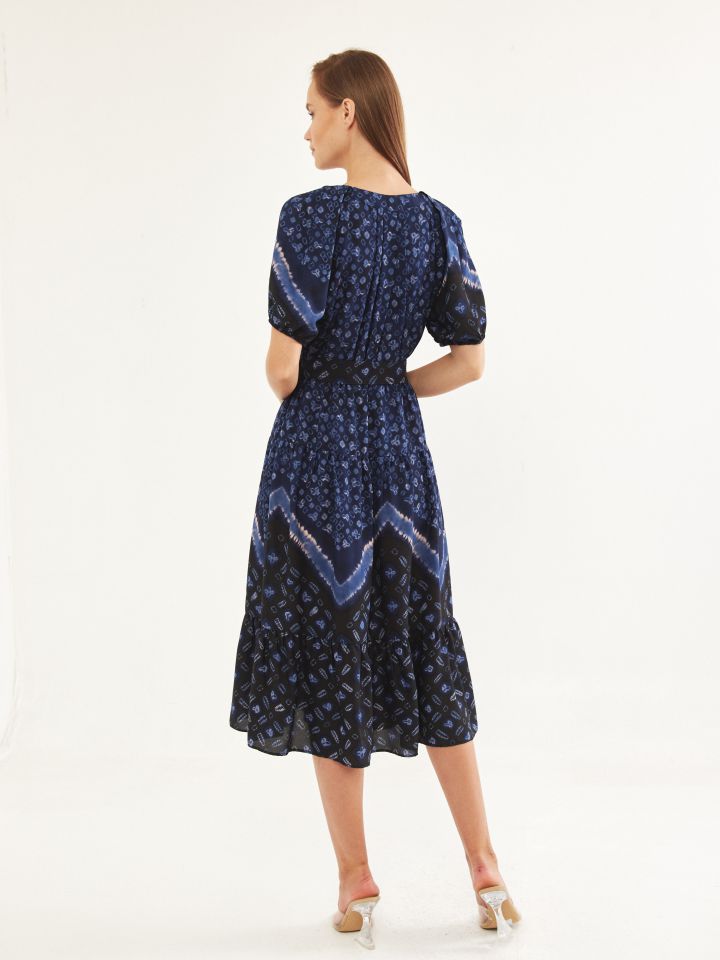 שמלה דפוס אינדיגו + חגורה בצבע כחול