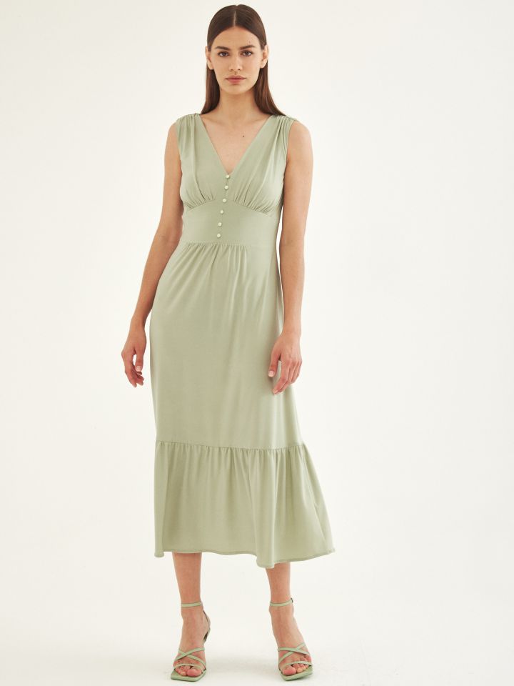 שמלה V כיווצים וכפתורים בצבע ירוק בהיר