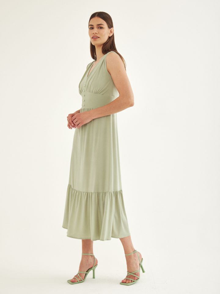 שמלה V כיווצים וכפתורים בצבע ירוק בהיר