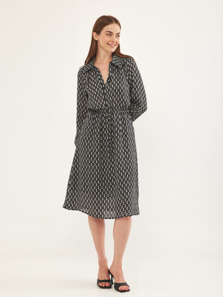 שמלה צוארון דפוס בצבע שחור/לבן