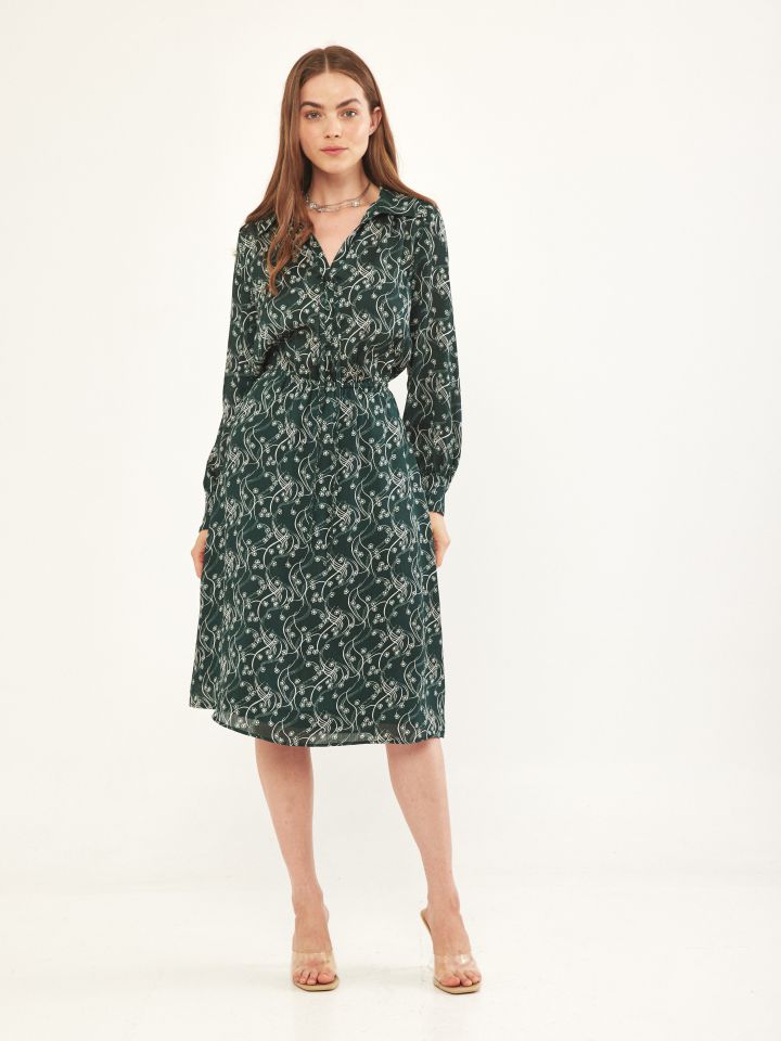 שמלה צוארון דפוס בצבע ירוק