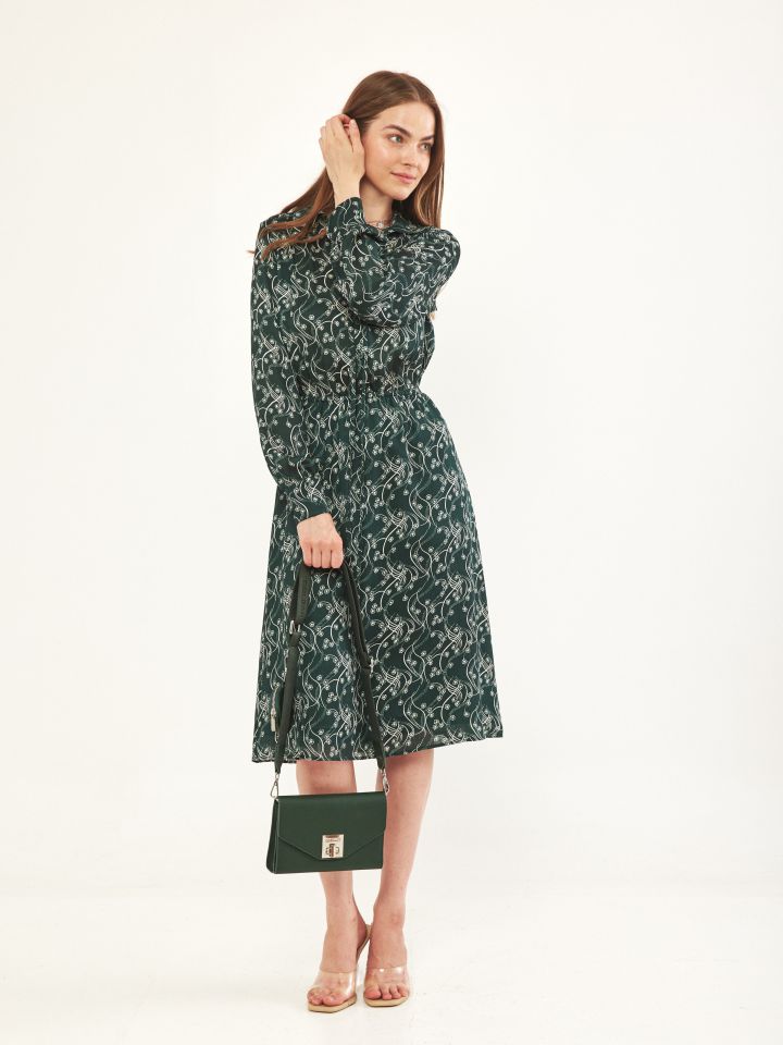 שמלה צוארון דפוס בצבע ירוק