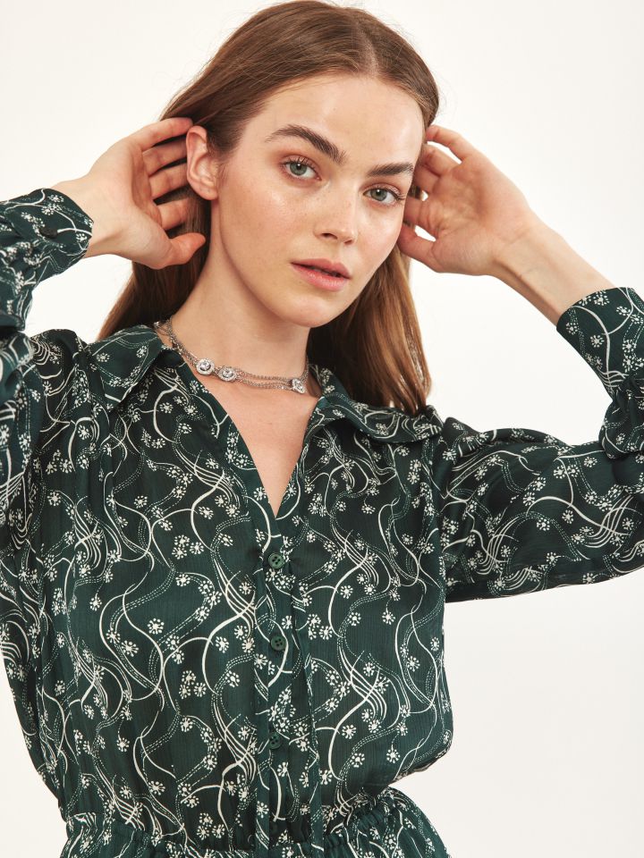 שמלה צוארון דפוס בצבע ירוק