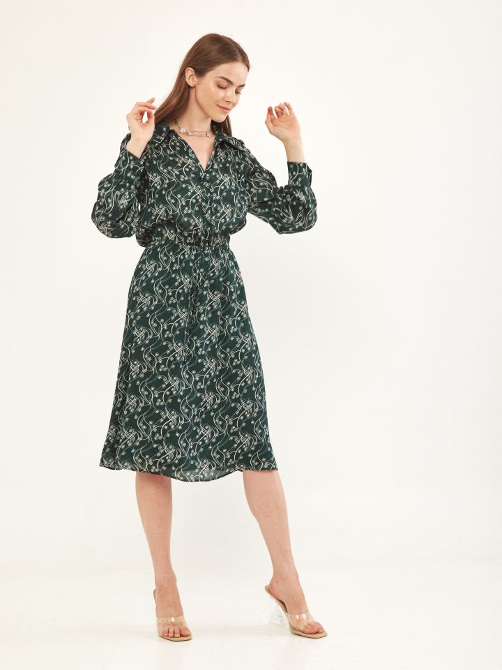 שמלה צוארון דפוס בצבע ירוק