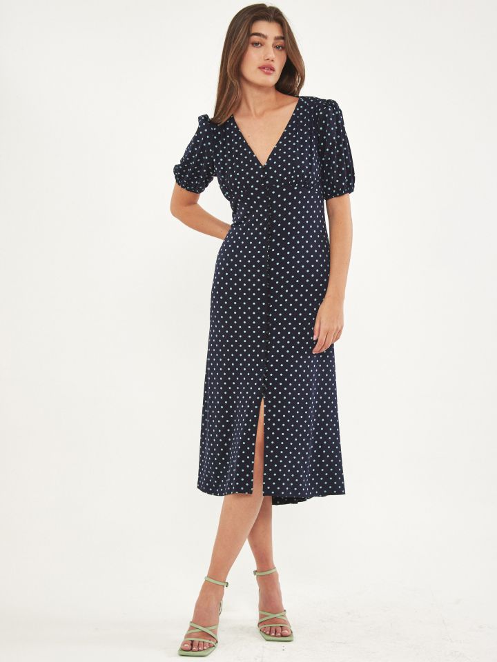 שמלה נקודות מכופתרת בצבע נייבי