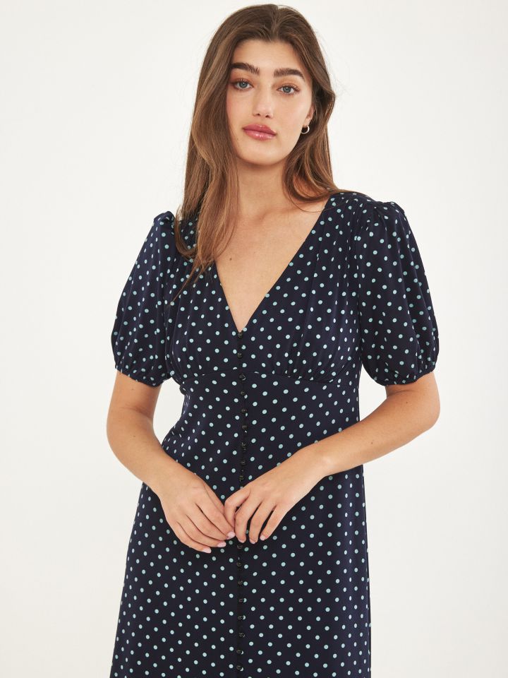 שמלה נקודות מכופתרת בצבע נייבי