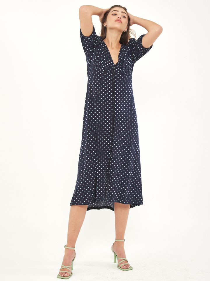 שמלה נקודות מכופתרת בצבע נייבי