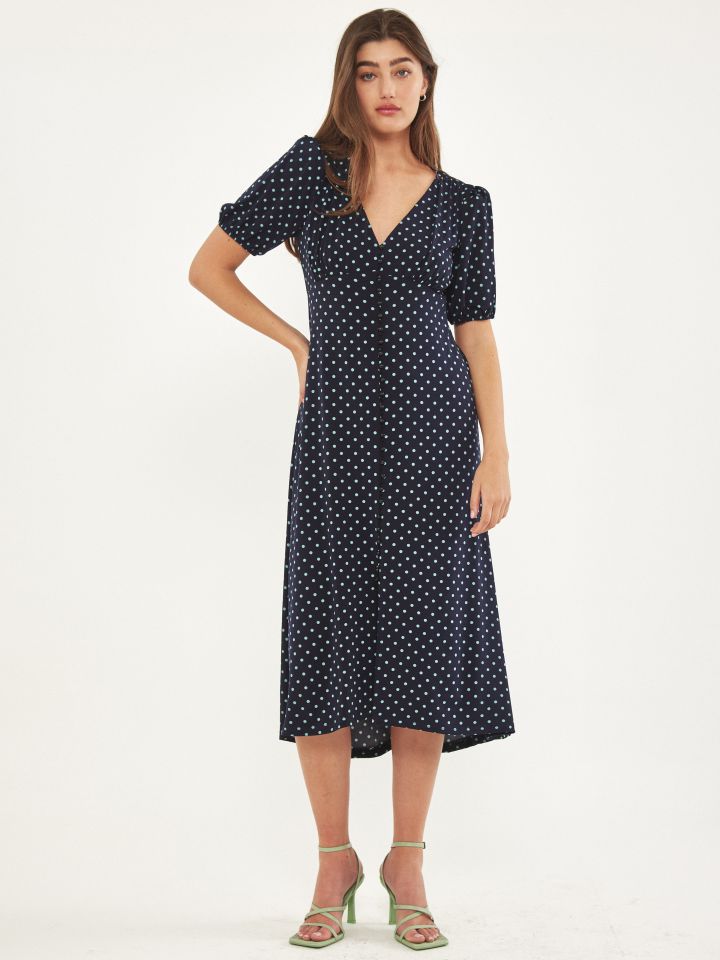 שמלה נקודות מכופתרת בצבע נייבי