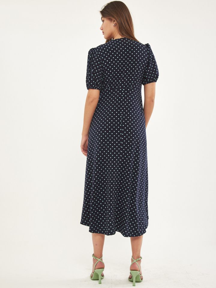 שמלה נקודות מכופתרת בצבע נייבי