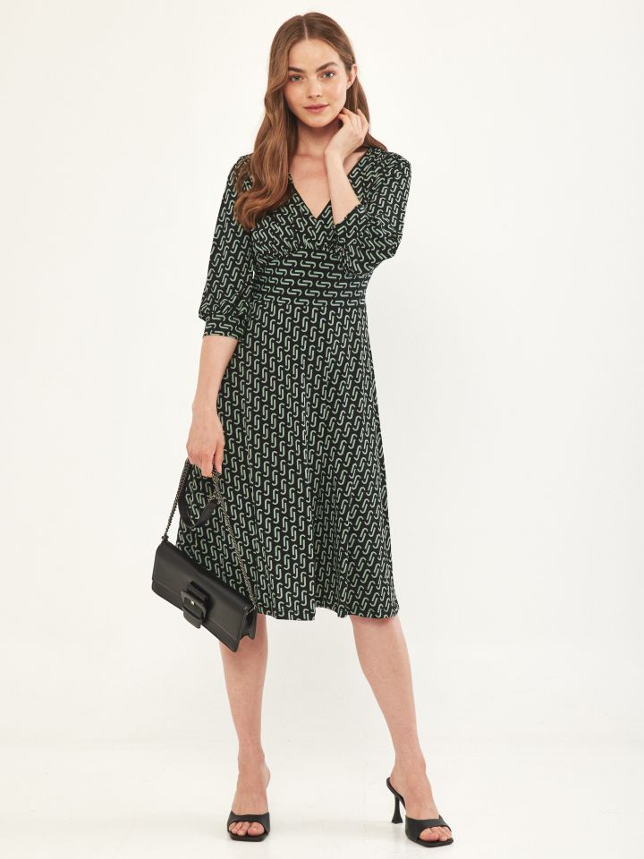 שמלה V דפוס גומי בגב בצבע שחור /ירוק