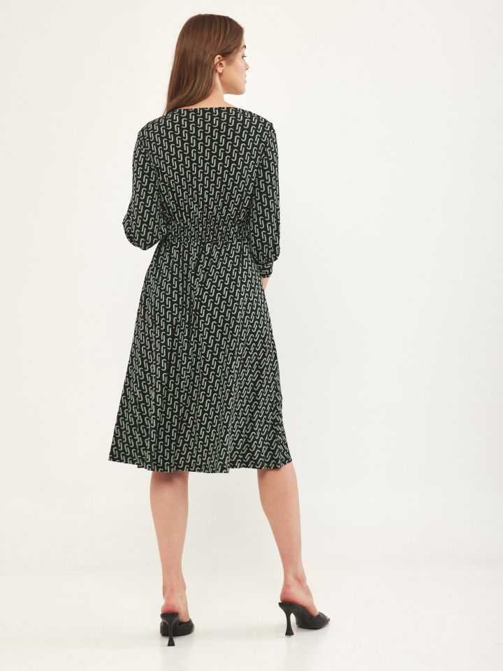 שמלה V דפוס גומי בגב בצבע שחור /ירוק