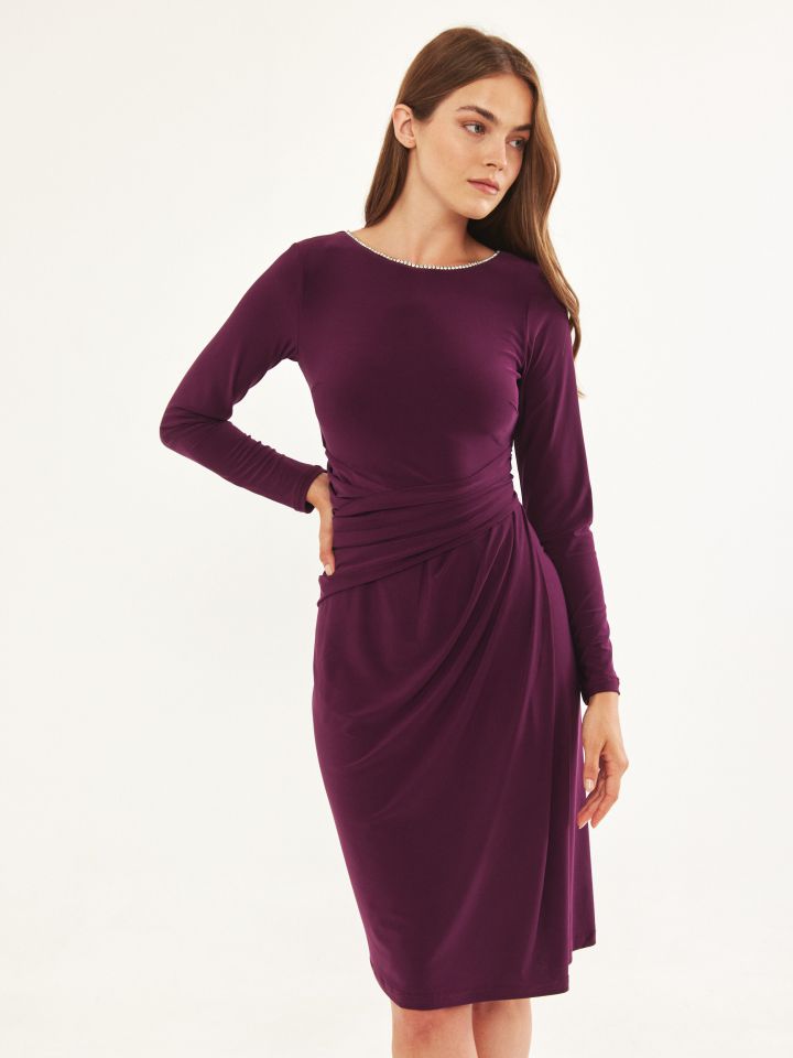 שמלה כיווץ מותן פתח יהלומים בצבע חציל