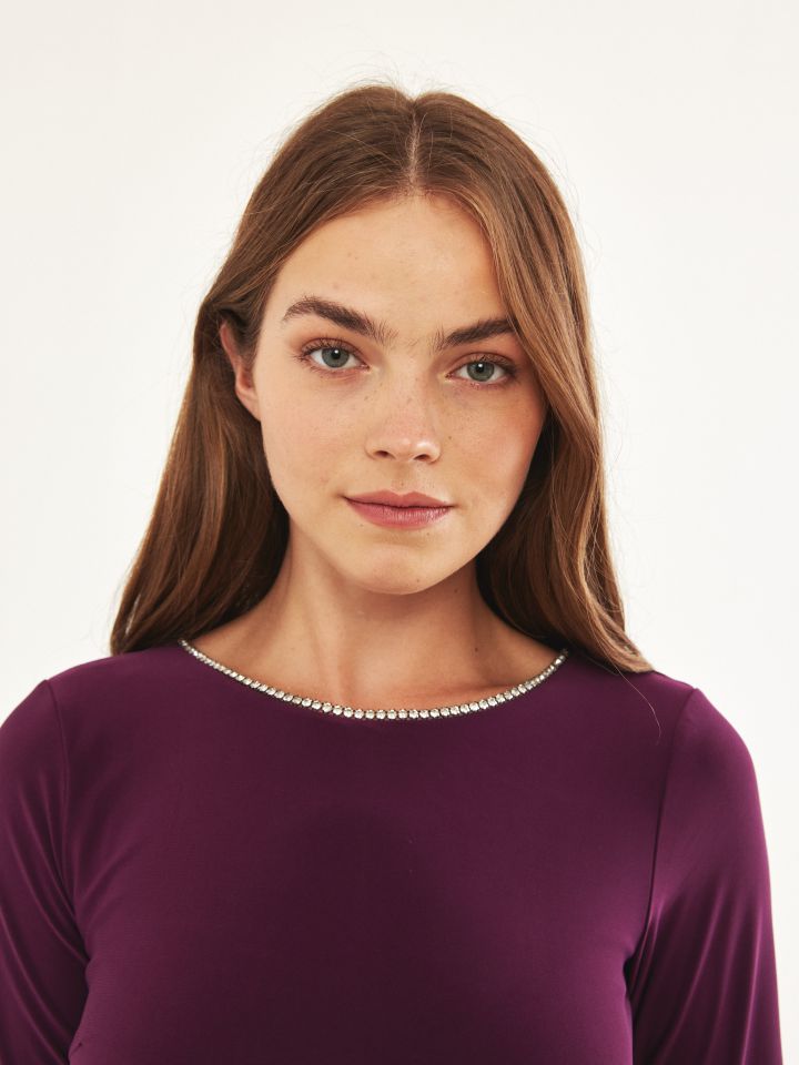 שמלה כיווץ מותן פתח יהלומים בצבע חציל