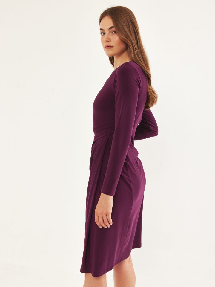 שמלה כיווץ מותן פתח יהלומים בצבע חציל