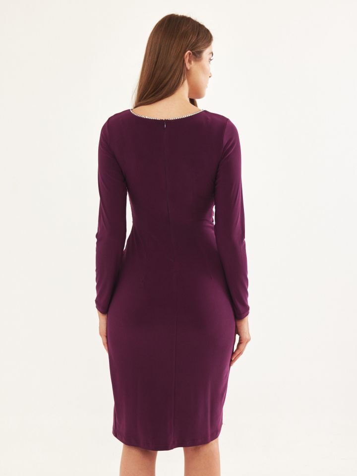 שמלה כיווץ מותן פתח יהלומים בצבע חציל