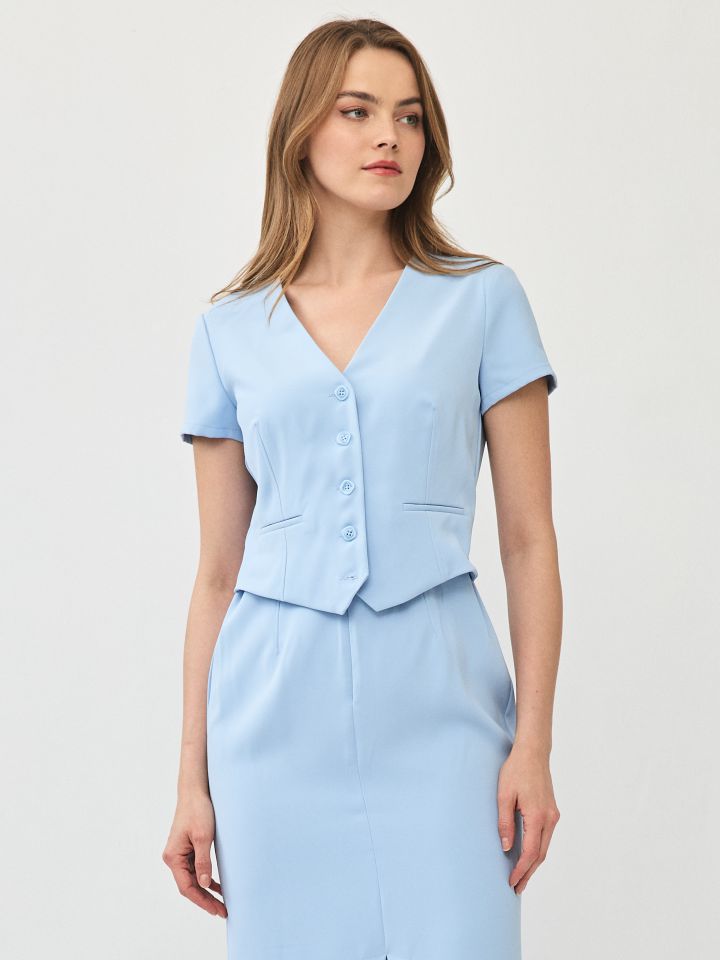 שמלה V מכופתרת בצבע תכלת