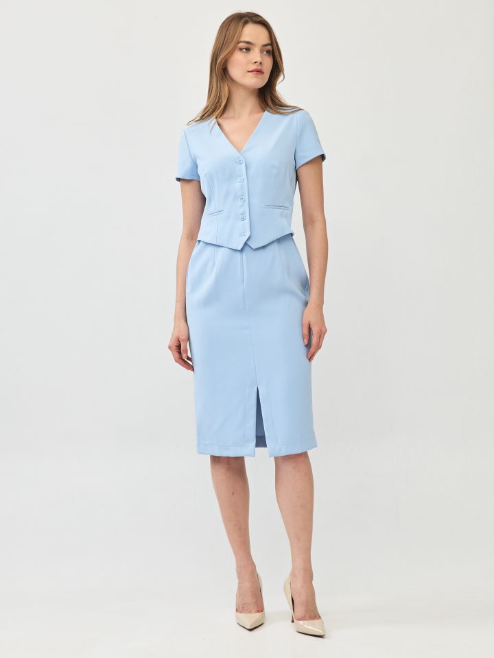 שמלה V מכופתרת בצבע תכלת