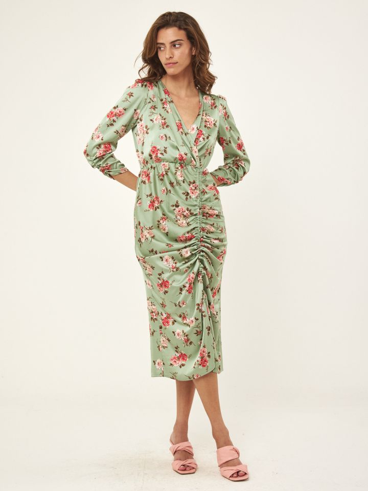 שמלה מעטפה דפוס כיווץ בצבע ירוק