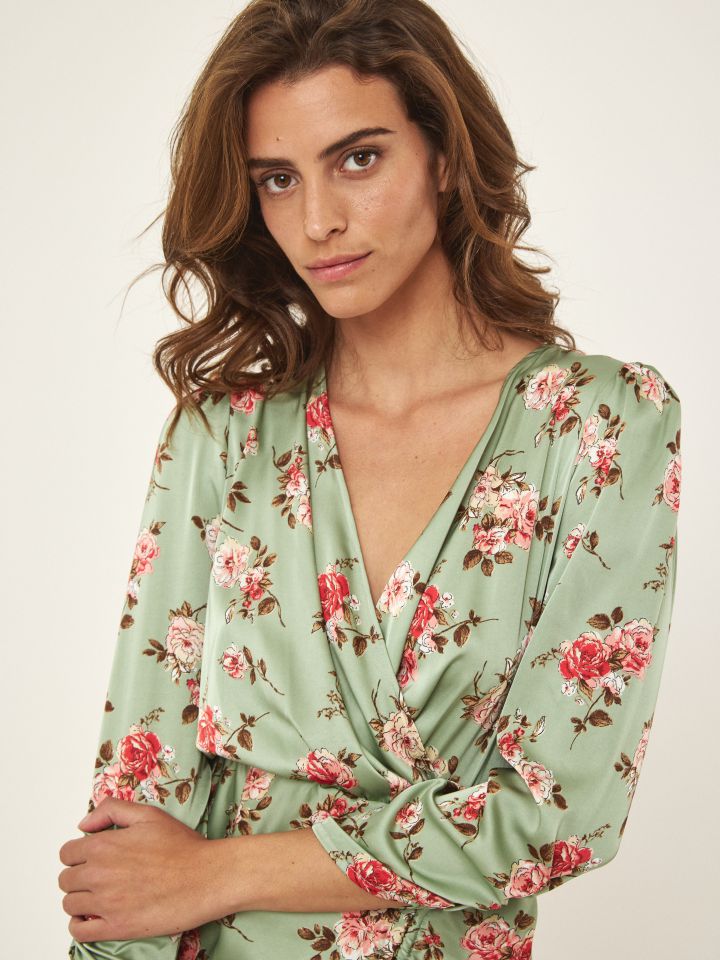 שמלה מעטפה דפוס כיווץ בצבע ירוק