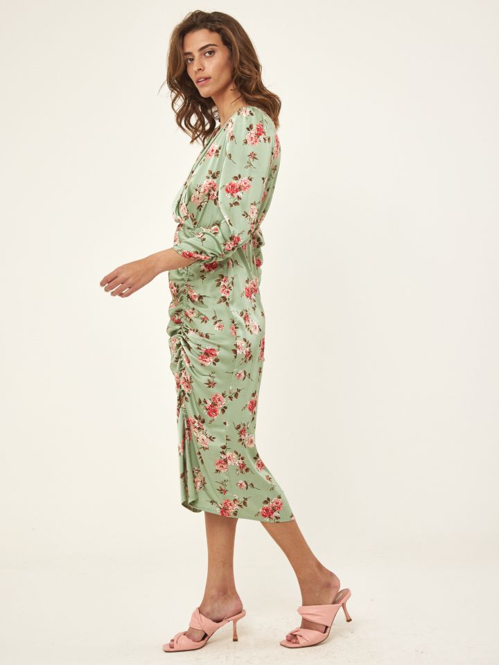 שמלה מעטפה דפוס כיווץ בצבע ירוק