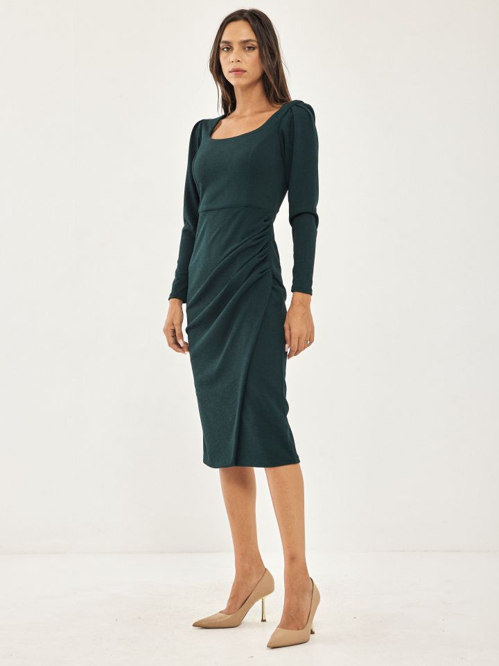 שמלה כפתורים בשרוול בצבע ירוק בקבוק