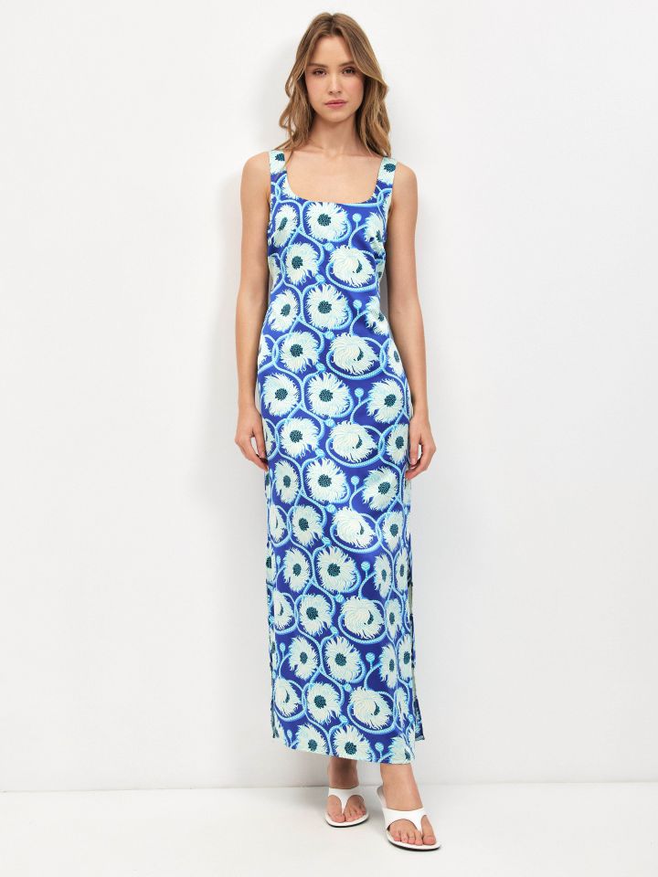 שמלה דפוס סטן PROMO בצבע כחול רויאל