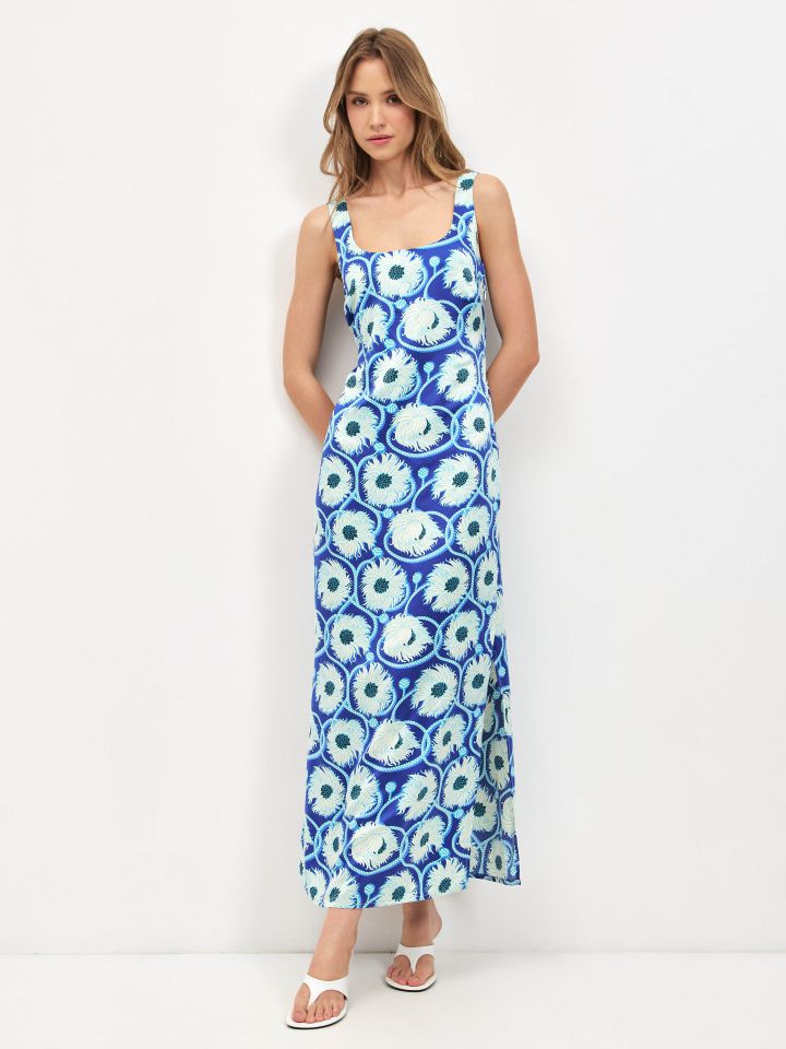 שמלה דפוס סטן PROMO בצבע כחול רויאל